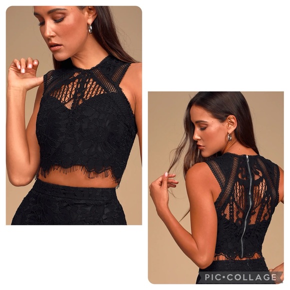NWT Lulu’s “Alliss” Black Lace Sleeveless Crop Top - Picture 2 of 5
